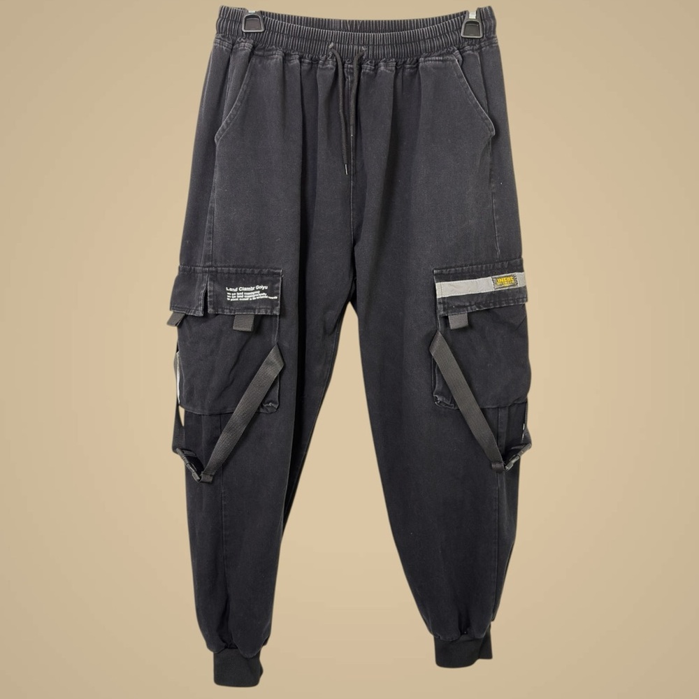INFAS 1987 Techwear Cargo Joggers S Black Reflective Strap Cyberpunk Streetwear
